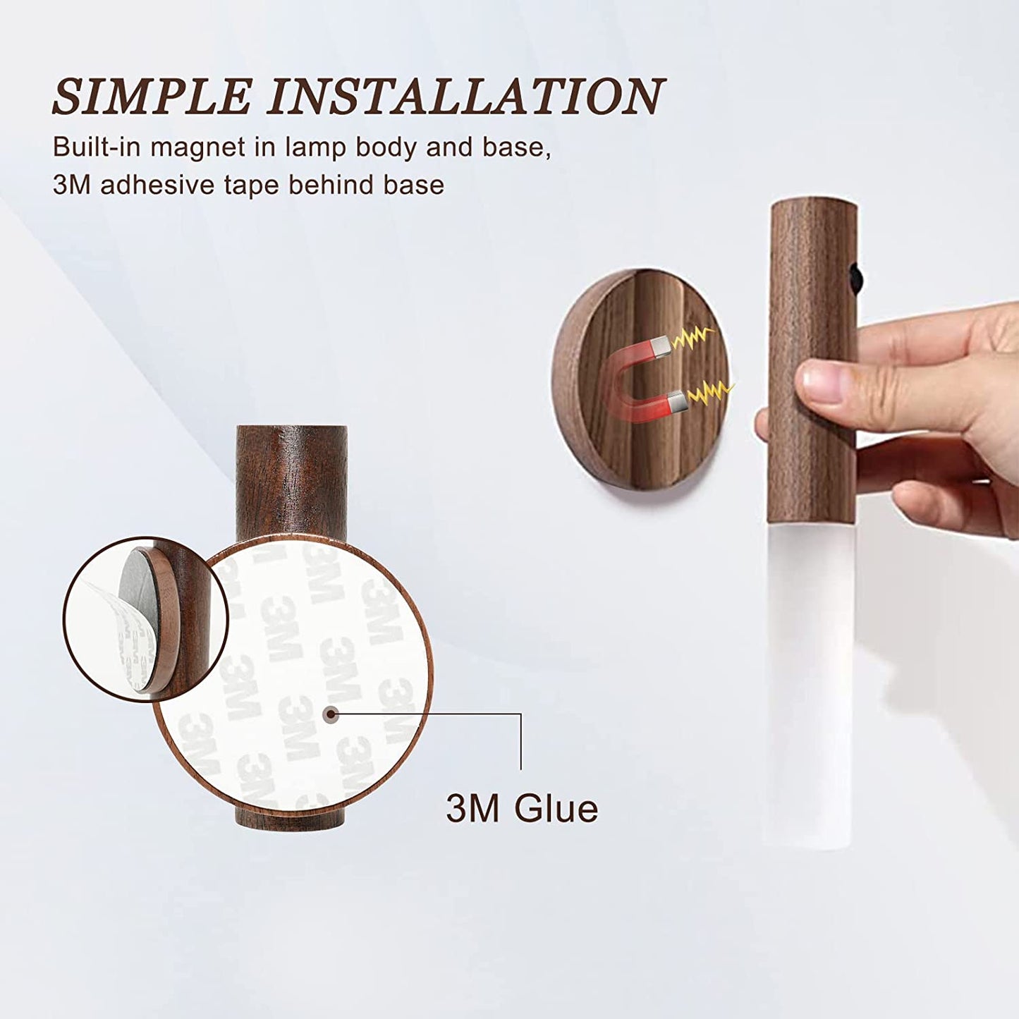 Wall Sconces with Motion Sensor, Smart Portable Magnetic USB Rechargeable Night Lights for Bedroom, Hallway, Stairway (Walnut Wood 2PCS)